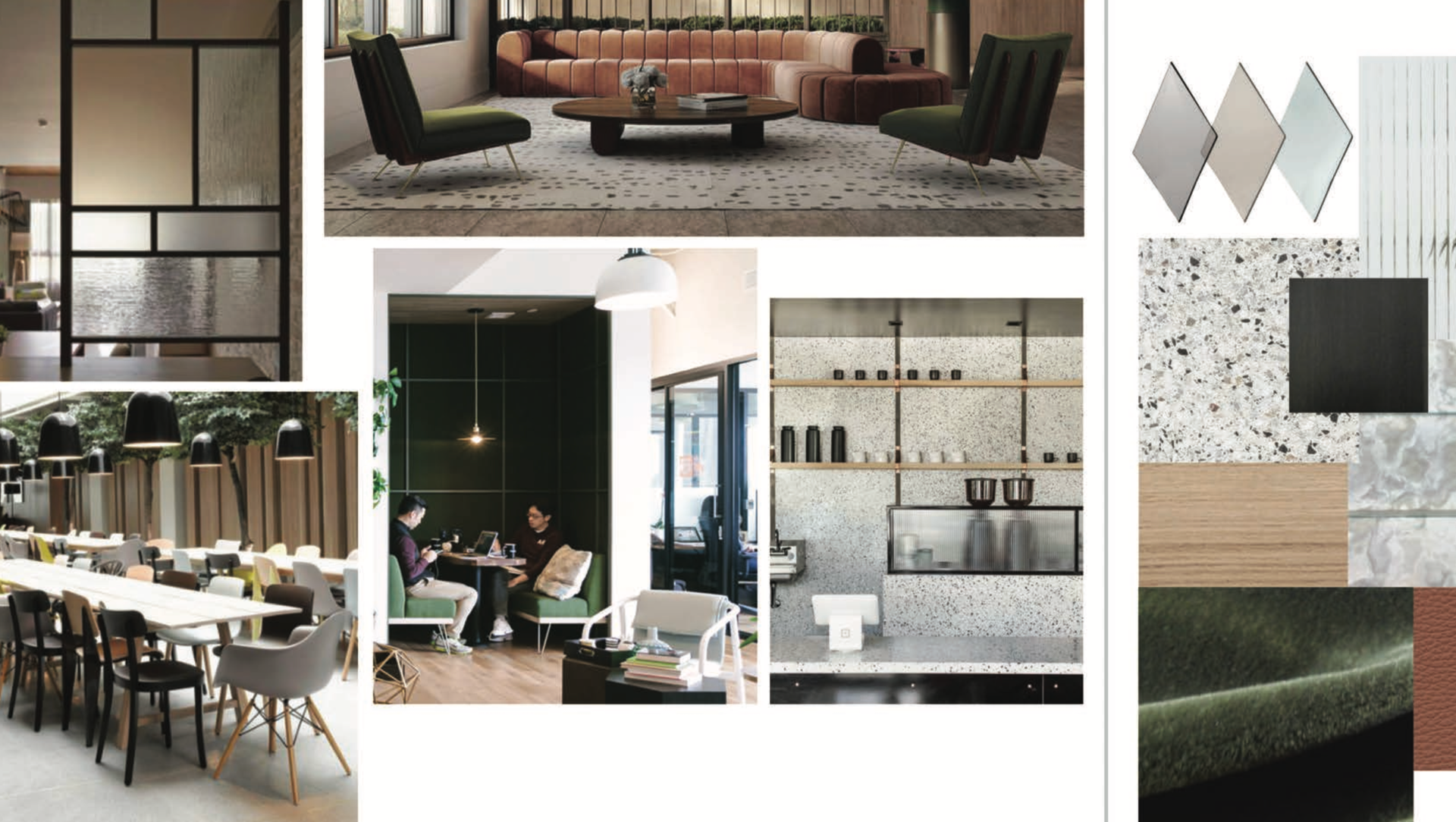 Mood board with interior design concepts: green, brown, and neutral tones, featuring furniture and materials.