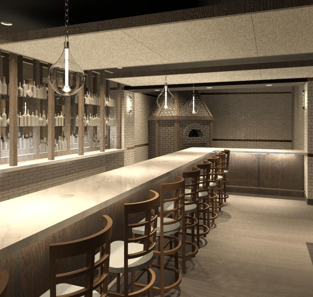 Interior of a dimly lit bar, with a long counter, wooden stools, and brick walls; a pizza oven is in the background.