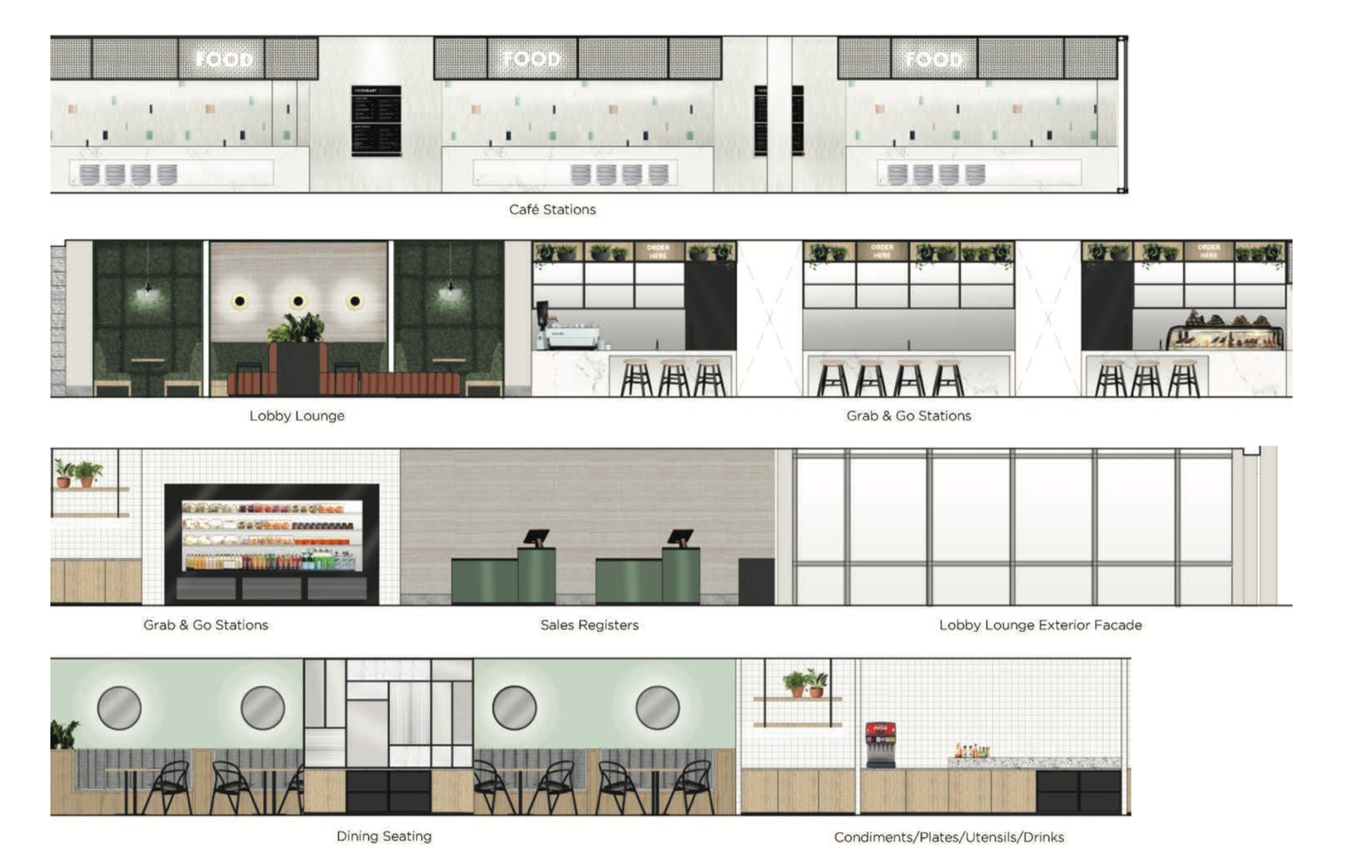 Layout plans of a business interior with various stations: cafe, reception, salon, and creamery. Mostly white and black.