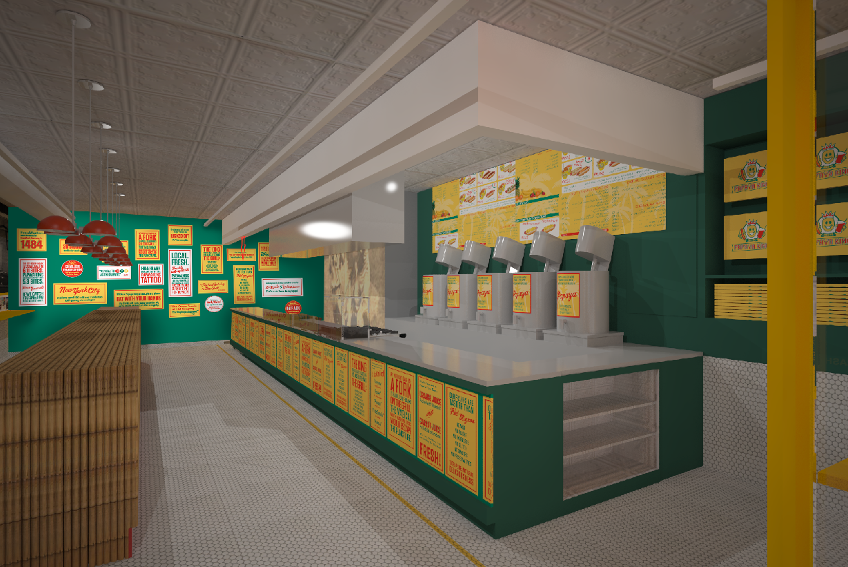 Interior view of a restaurant with a long green counter, colorful posters, and drink dispensers.