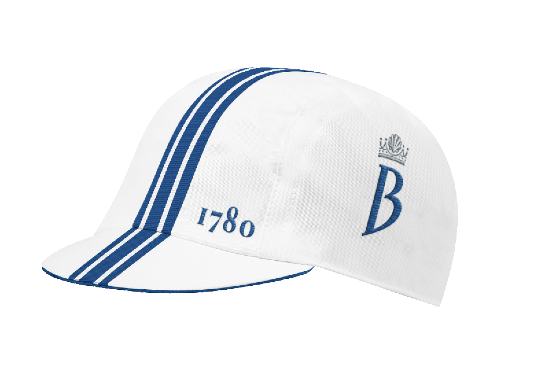 White baseball cap with blue stripes,