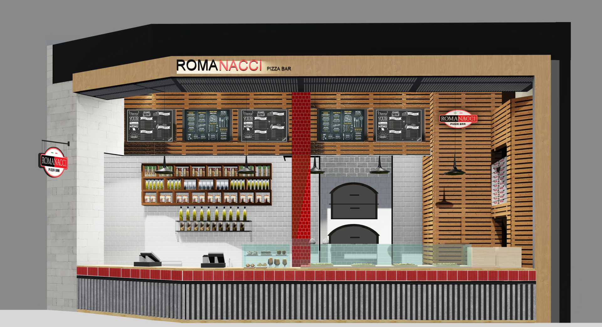 A restaurant storefront with a pizza oven, counter, and menu boards. Red and wood accents.
