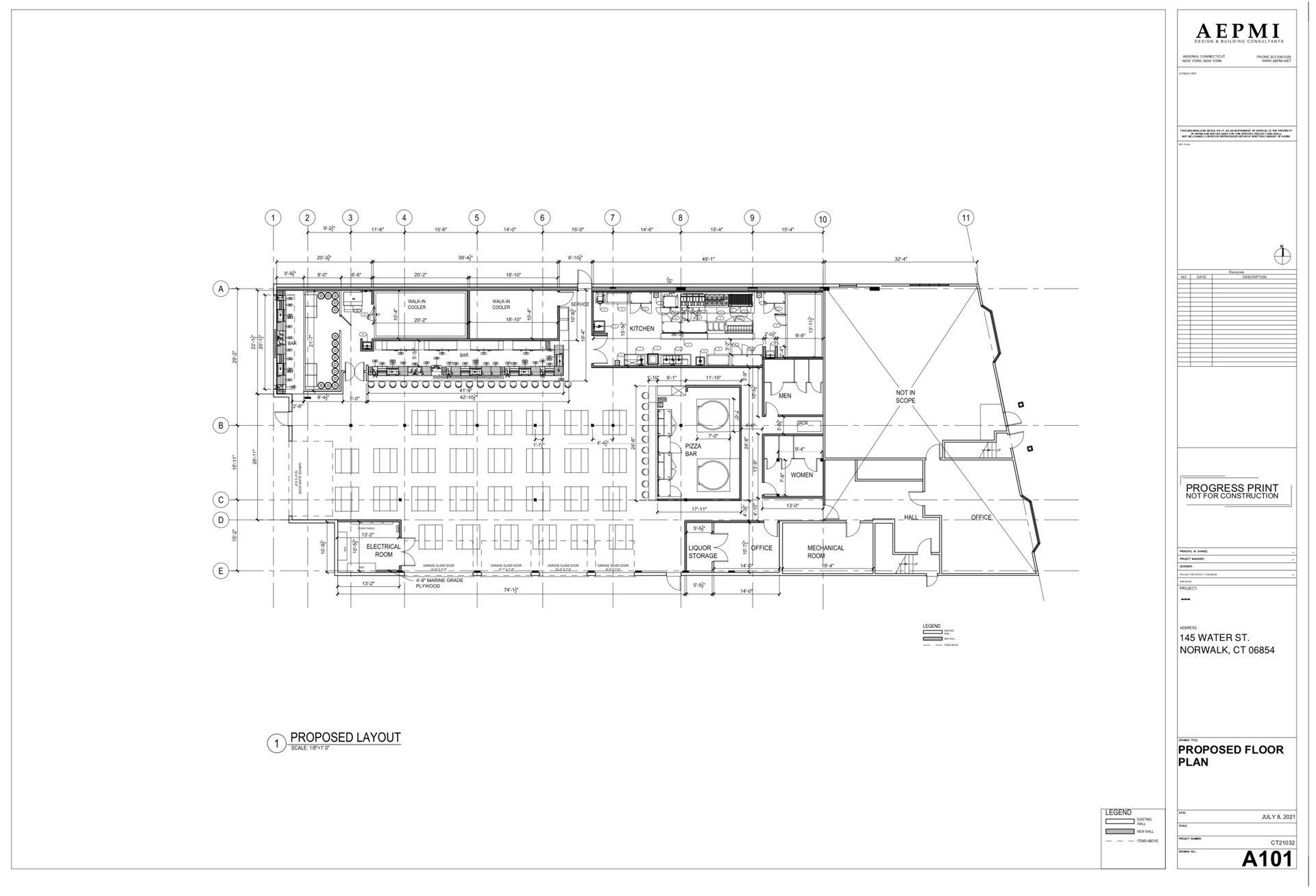 Architectural floor plan of a building, showing rooms, furniture, and dimensions in black lines on white.