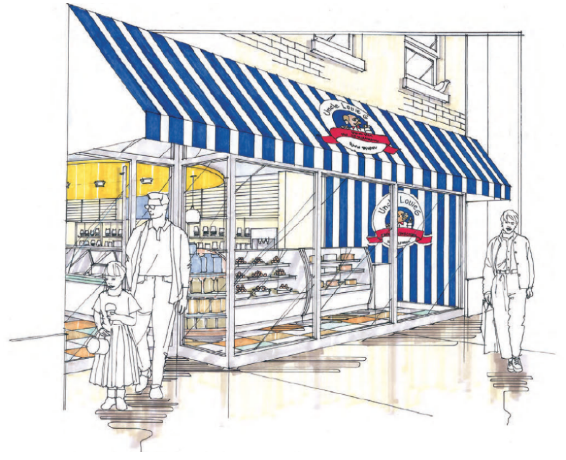 A bakery storefront with a blue and white striped awning, figures of people on the sidewalk.
