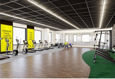 A gym with exercise equipment. Ellipticals, treadmills, and weight machines are visible.