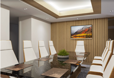 Conference room with a long glass table and white chairs, a wood panel wall with a landscape painting.