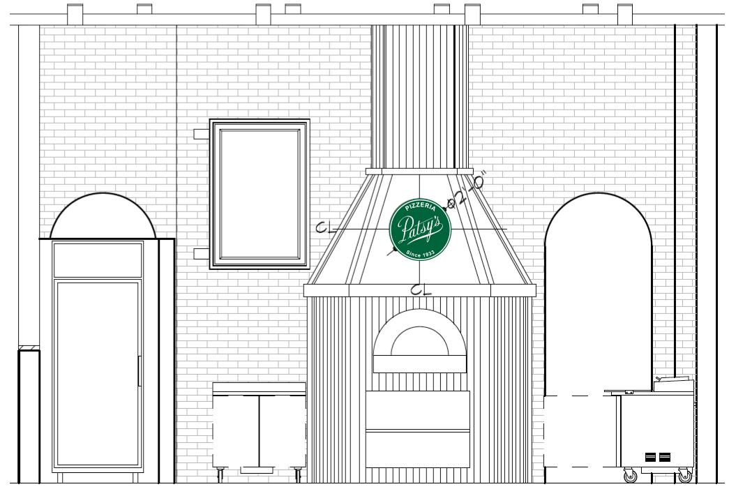 Architectural blueprint of a room with a fireplace, cabinets, and arched door, featuring a framed picture and a decorative tree.
