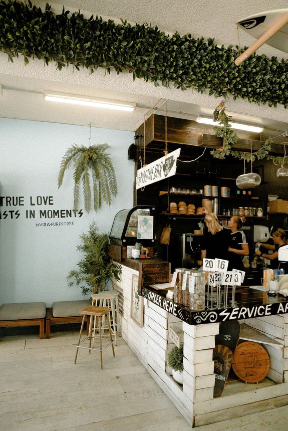 Cafe interior: counter with service sign, blue wall with fern art, greenery decor.