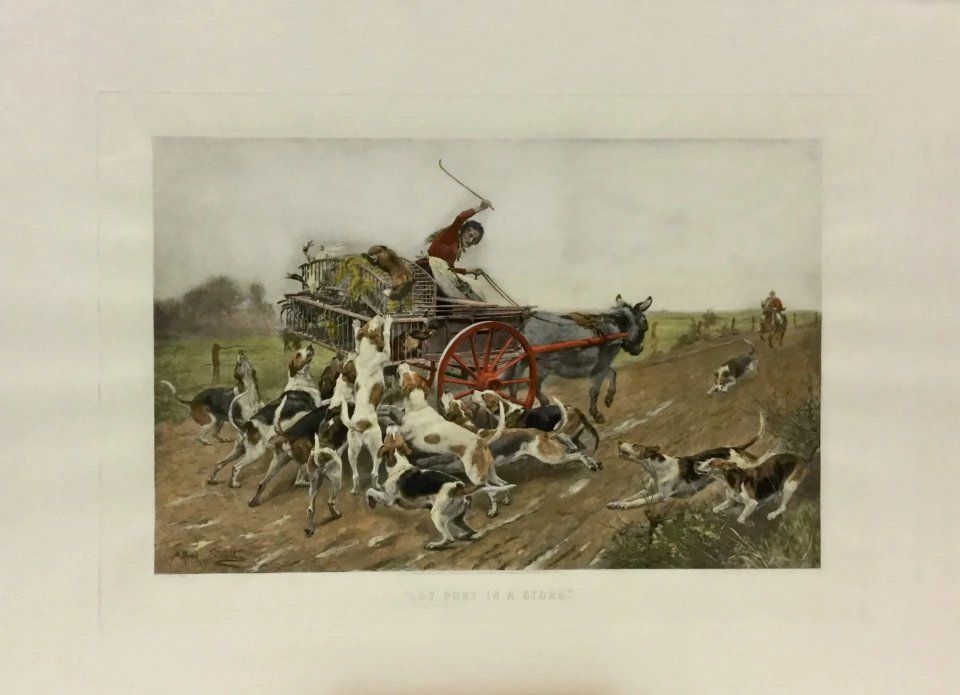 scena di caccia alla volpe acquarellata a mano