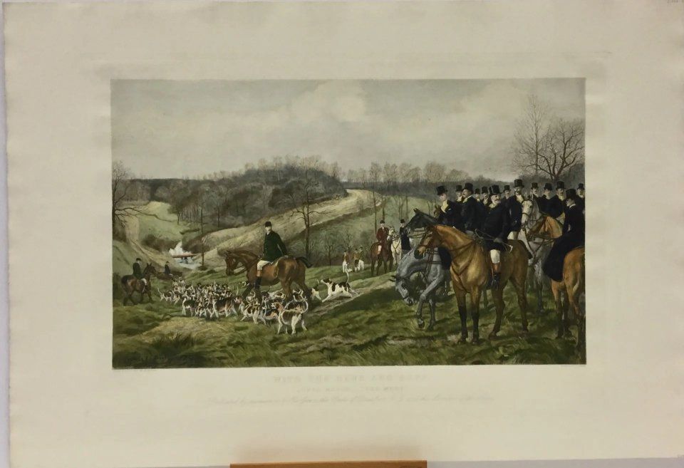 stampa inglese originale con scena di caccia alla volpe