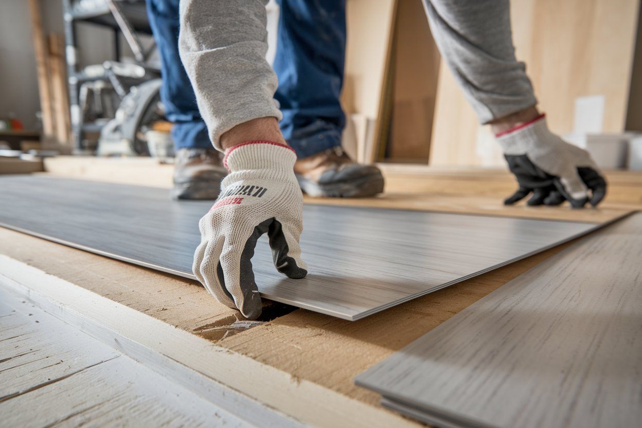 A person is laying a tile floor in a room.