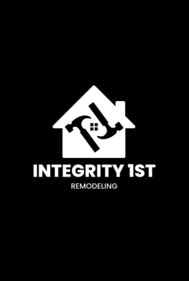 White logo on a black background of a house with hammer and text "INTEGRITY 1ST REMODELING".