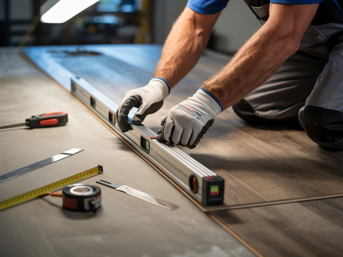 Person kneeling, using a level on a plank of wood, installing flooring. Tools nearby, indoor setting.