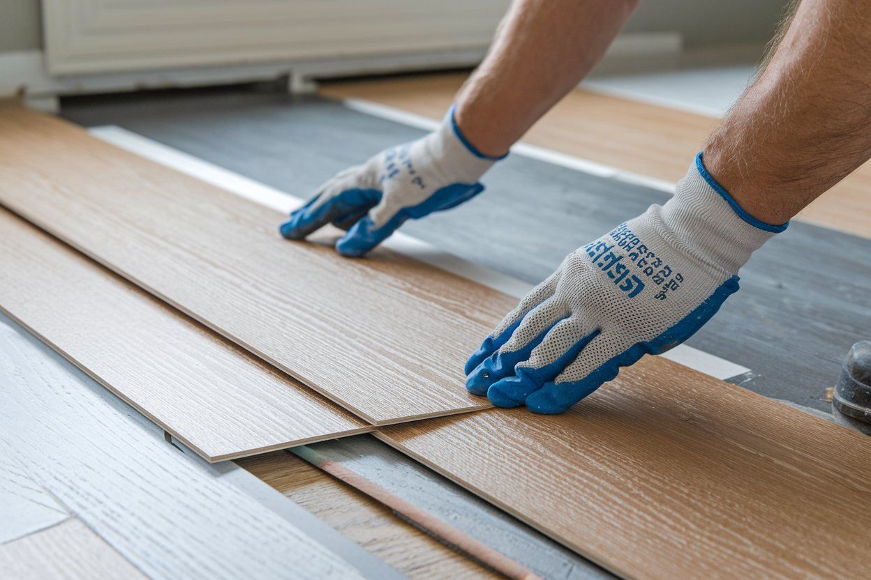 A person wearing blue gloves is installing a wooden floor.
