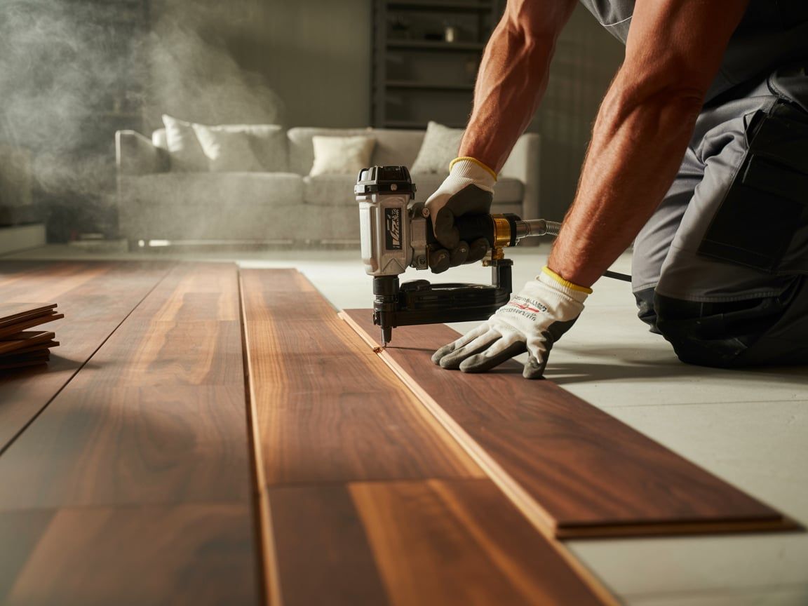 Man installing hardwood flooring, using a nail gun. Interior shot with living room in background.