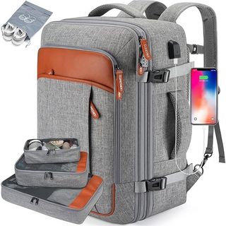 A gray backpack with a cell phone attached to it