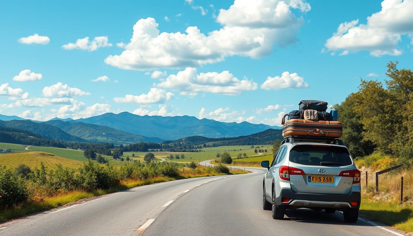 A car with luggage on top of it is driving down a road.