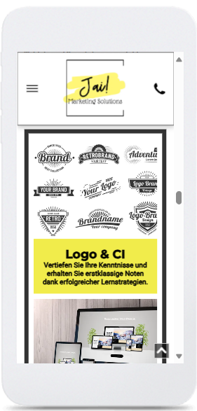 Ein Mobiltelefon zeigt eine Seite mit dem Text „Logo & cl“ an.