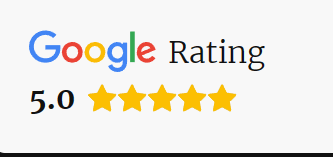 Eine Google-Bewertung von 5,0 Sternen wird auf weißem Hintergrund angezeigt.