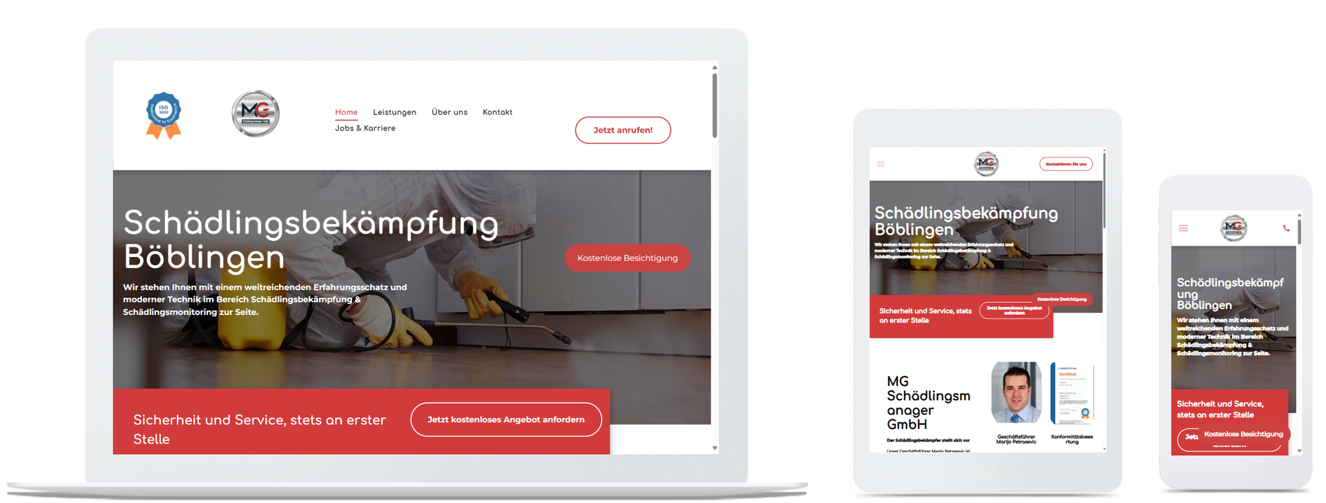 Ein Laptop, ein Tablet und ein Mobiltelefon, auf dem eine Website angezeigt wird.