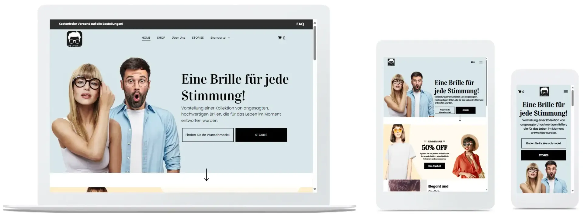 Auf einem Laptop, einem Tablet und einem Mobiltelefon wird eine Website angezeigt.