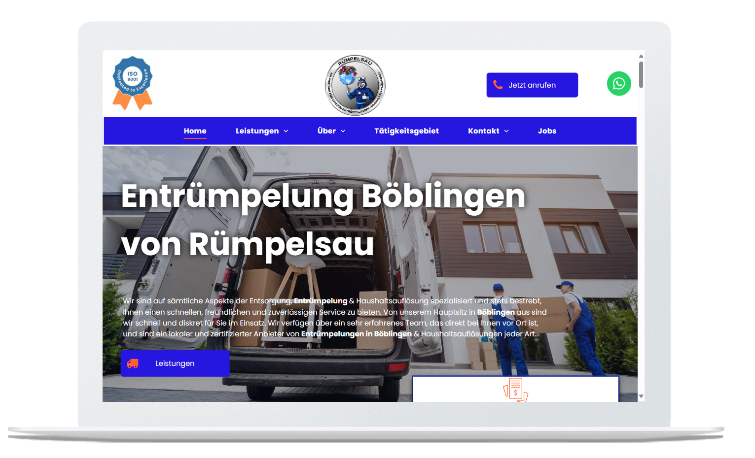 Auf einem Laptop-Bildschirm wird die Website eines Unternehmens namens „Entrümpelung Böblingen von Rumpelsau“ angezeigt.