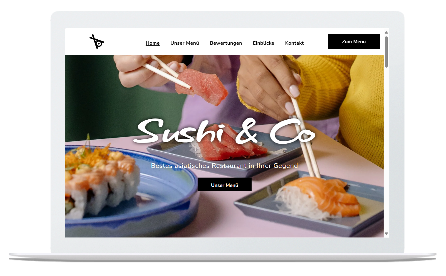 Auf einem Laptop-Bildschirm wird eine Website für Sushi & Co. angezeigt.