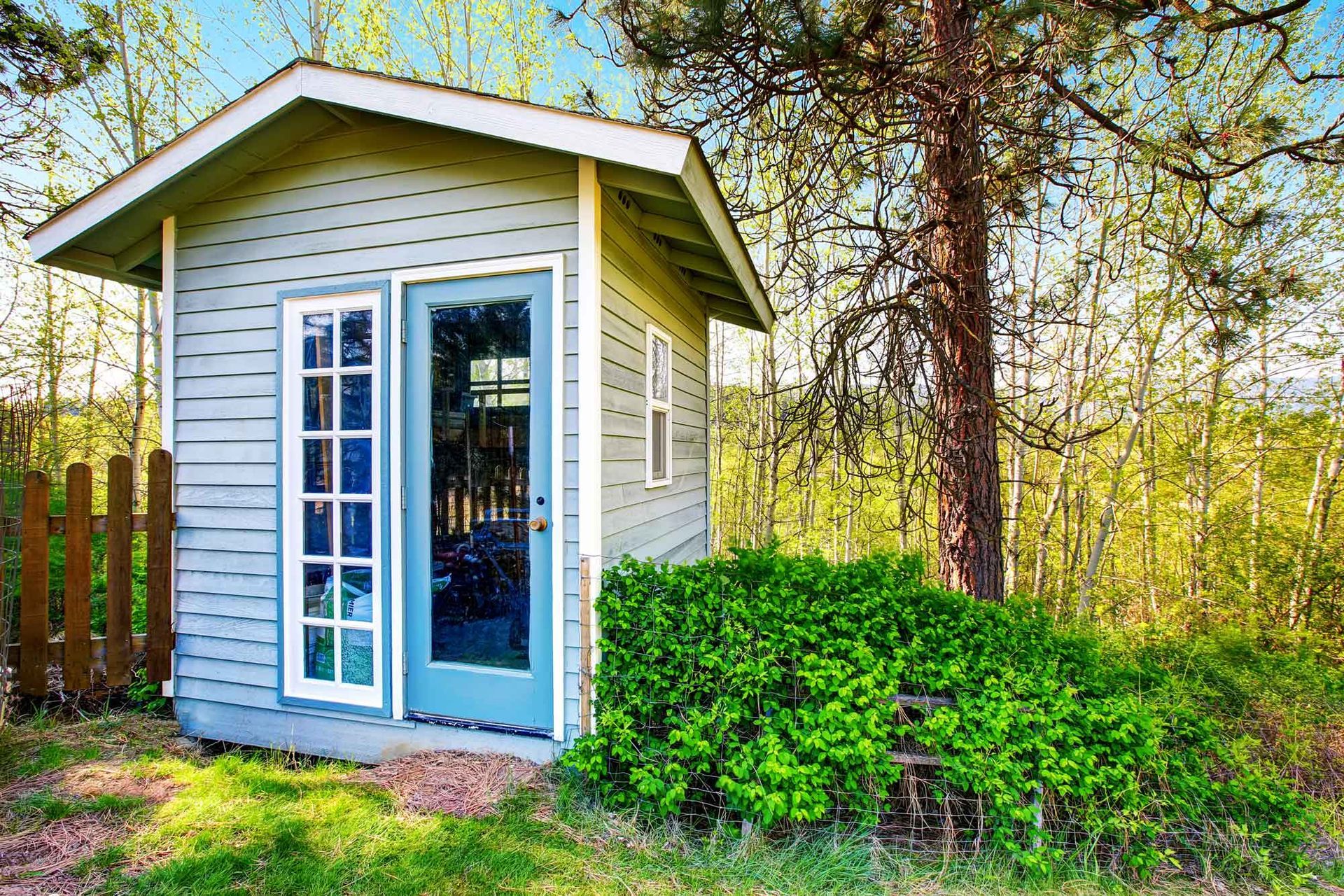 Small blue shed with glass doors.