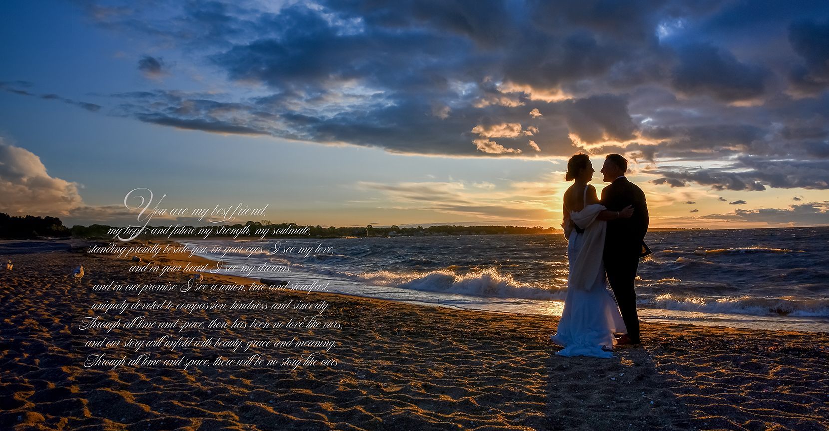 A bride and groom are standing on the beach at sunset at Madison Beach Hotel wedding photography by Connecticut Photographers Rogers Photography