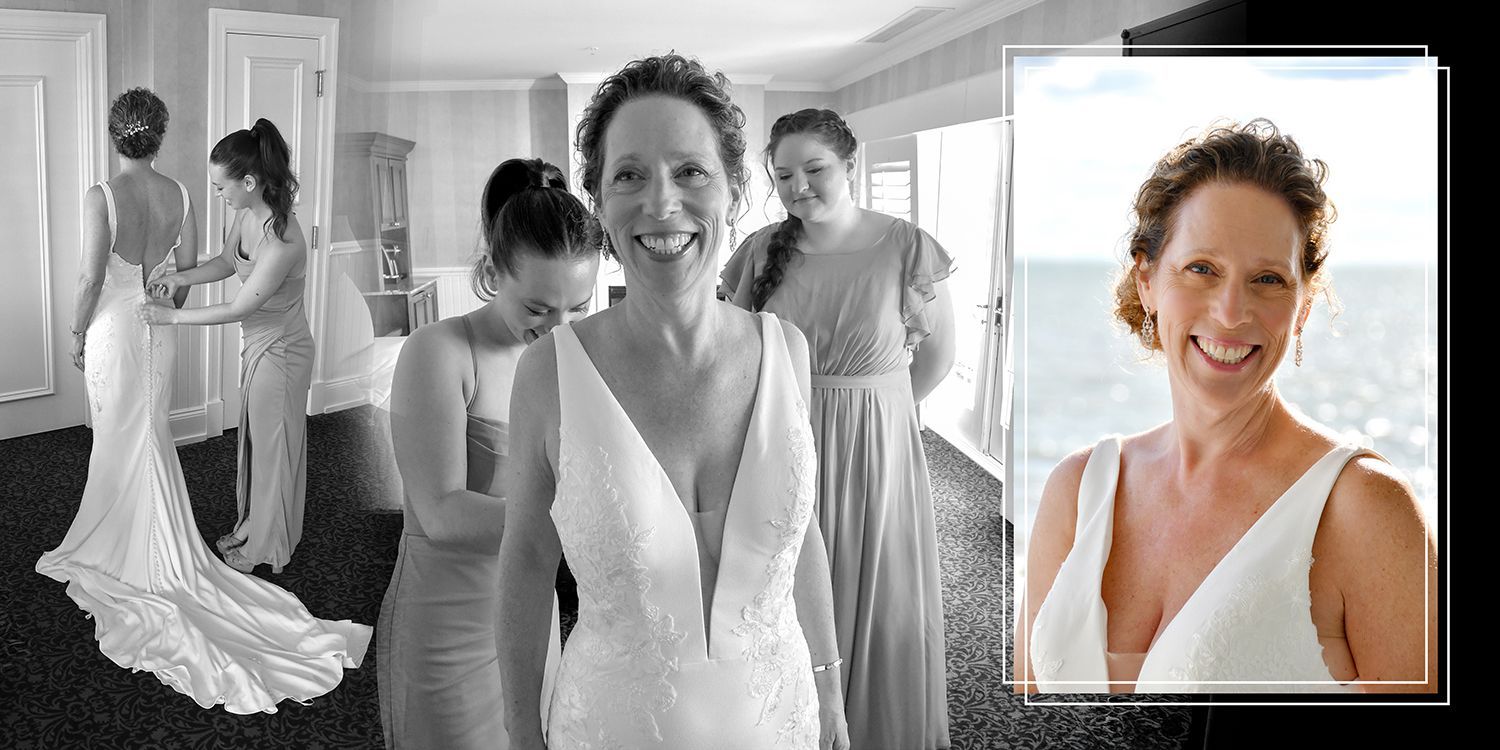 A black and white photo of a bride in a wedding dress getting ready at Madison Beach Hotel wedding photography by Connecticut Photographers Rogers Photography