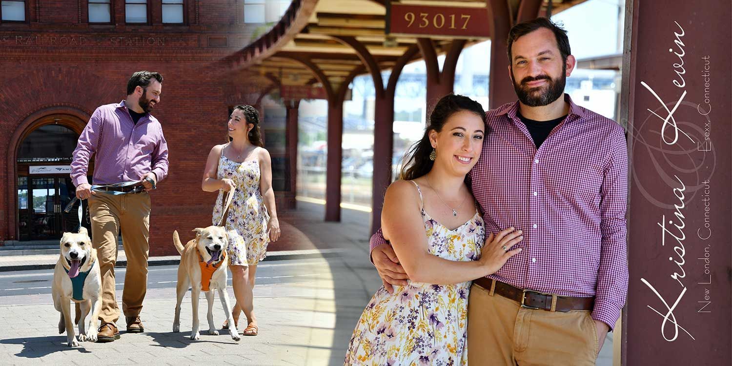 Engagement photo shoot of couple posing for a picture with their dogs at a train station in New London, CT  at photography by Connecticut Wedding Photographers Rogers Photography.