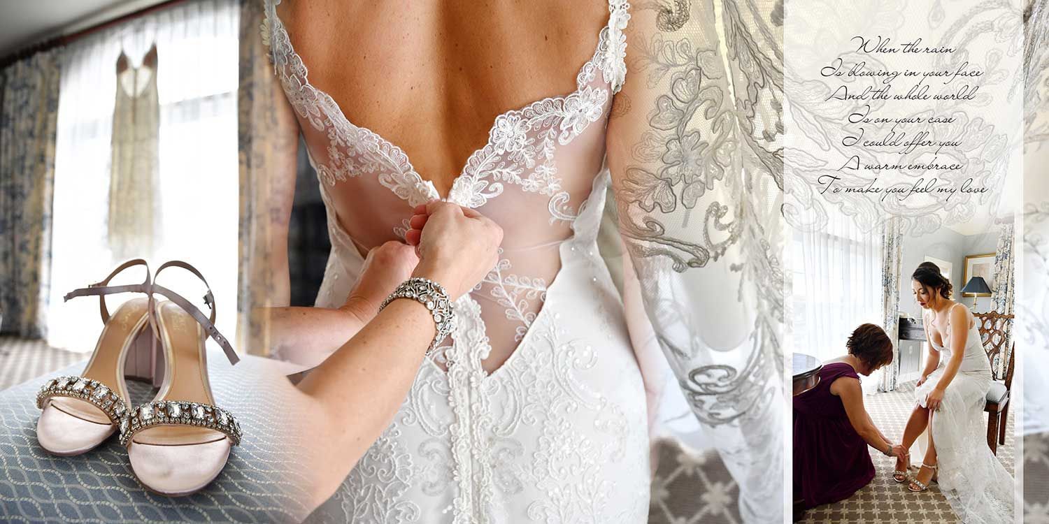 A bride in a wedding dress is getting ready for her wedding at Essex Steam Train wedding photography by Connecticut Wedding Photographers Rogers Photography.