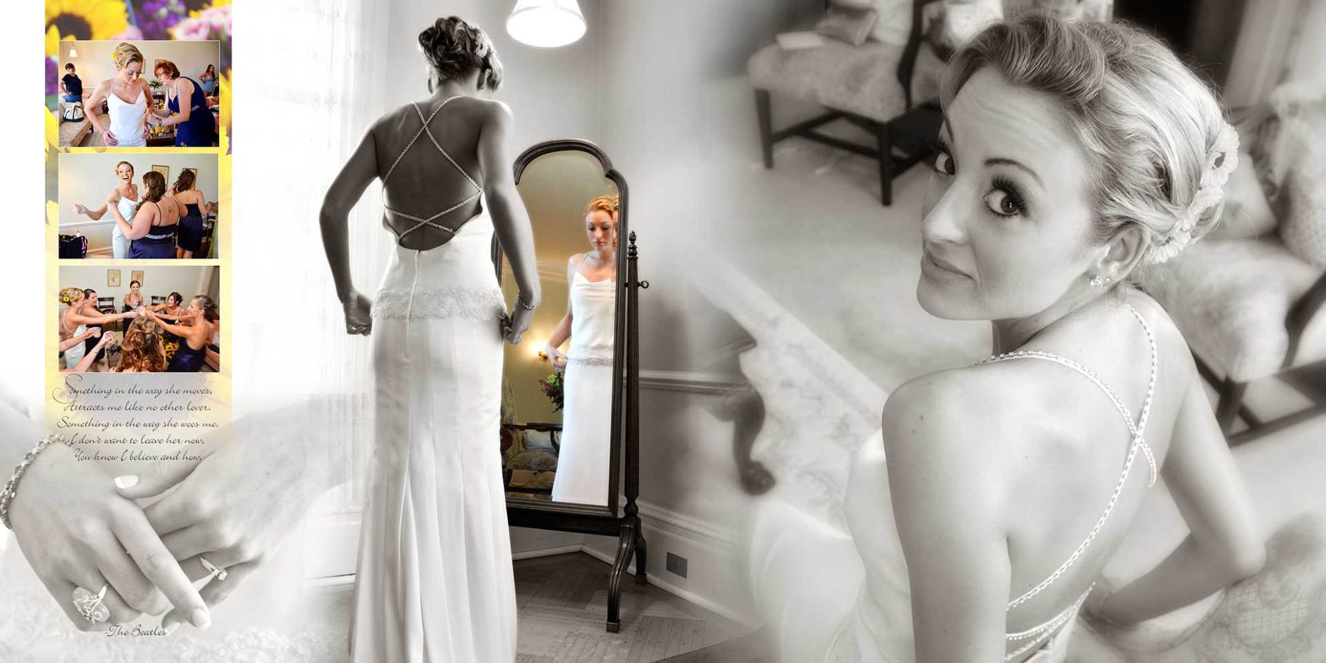 a woman in a wedding dress is standing in front of a mirror in an wedding album page