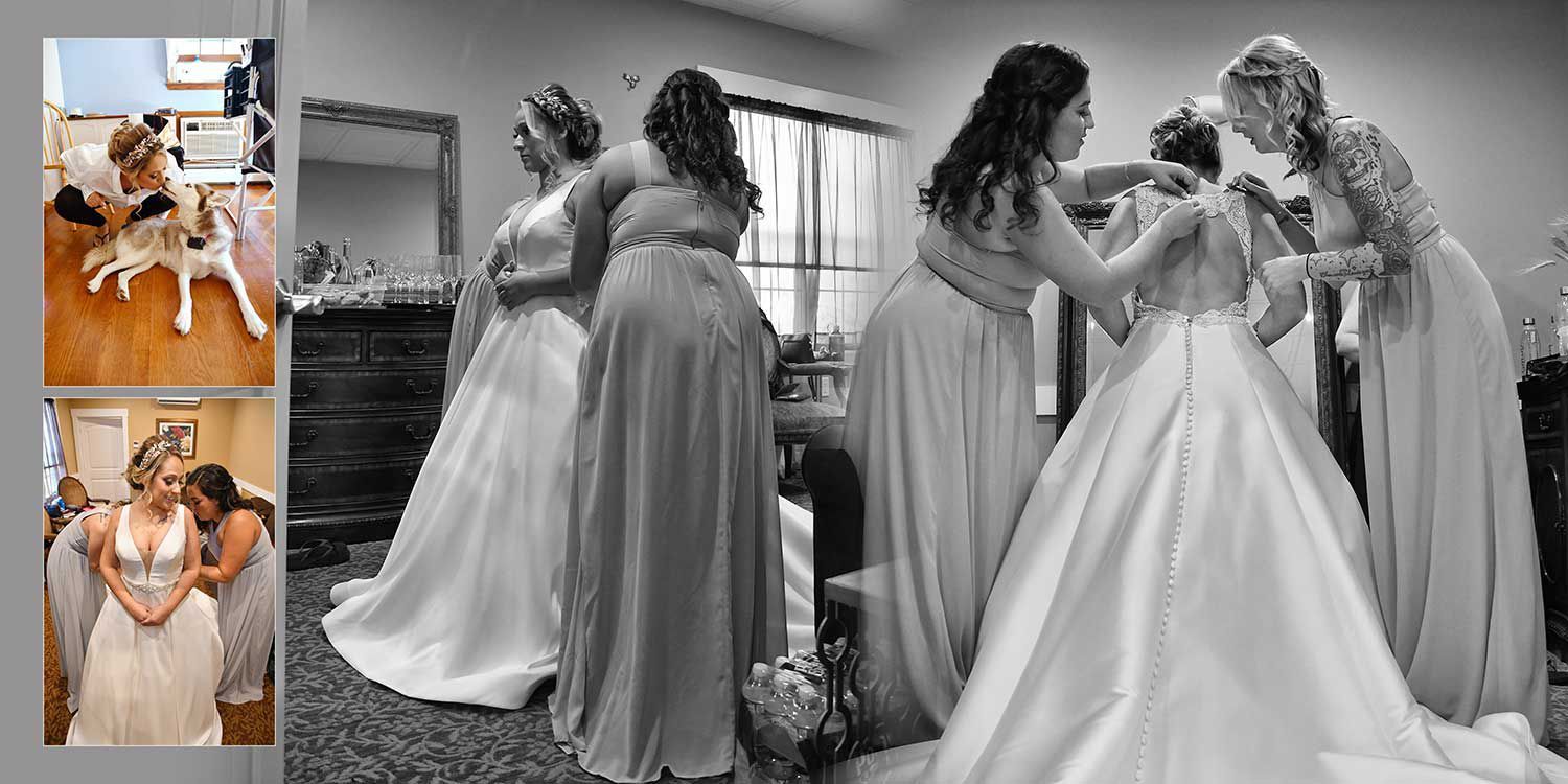 A black and white photo of a bride and her bridesmaids getting ready at The Lake House wedding photography by Connecticut Wedding Photographers Rogers Photography.