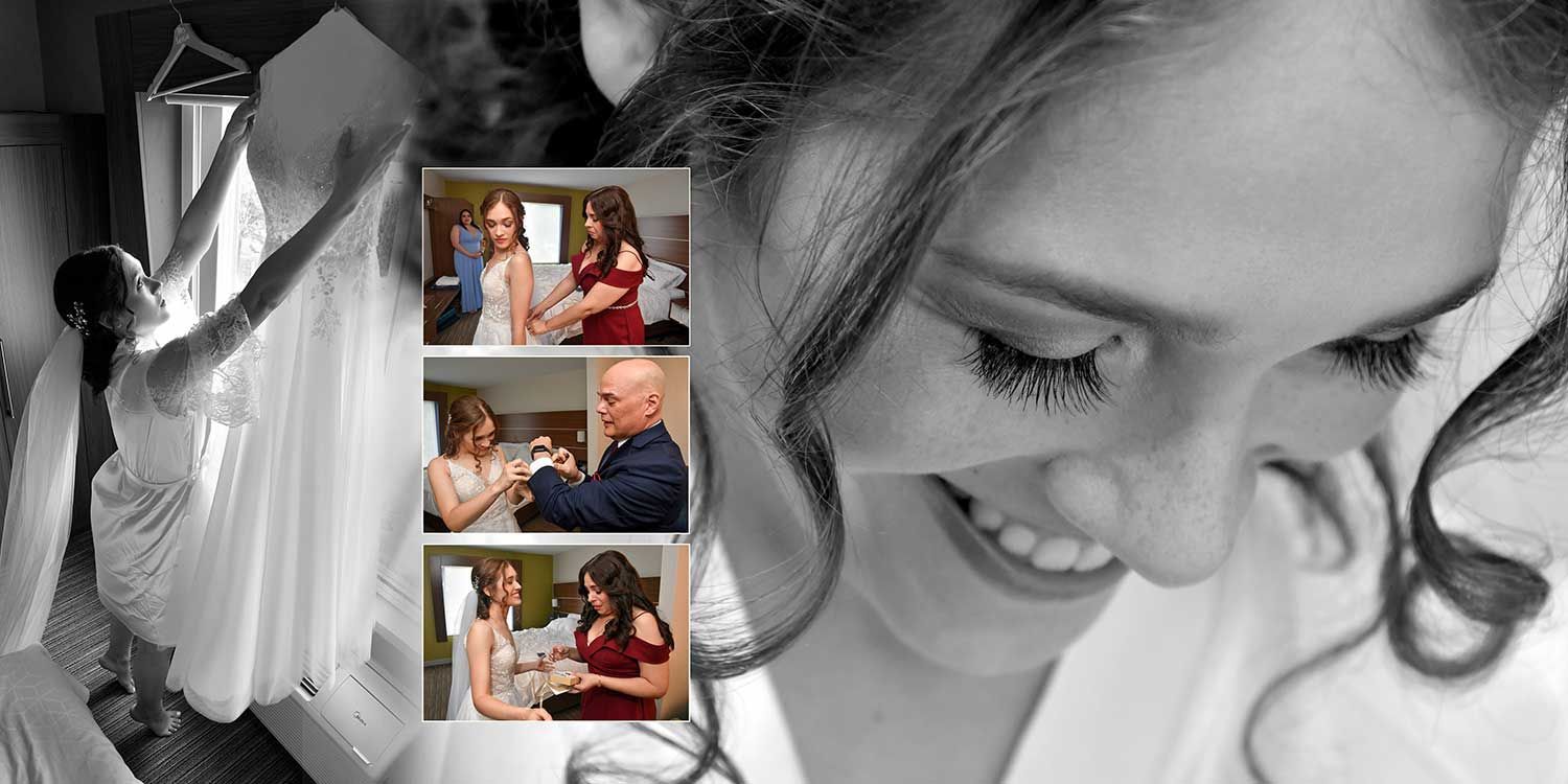 A black and white photo of a bride getting ready for her wedding at Woodwinds wedding photography by Connecticut Wedding Photographers Rogers Photography.