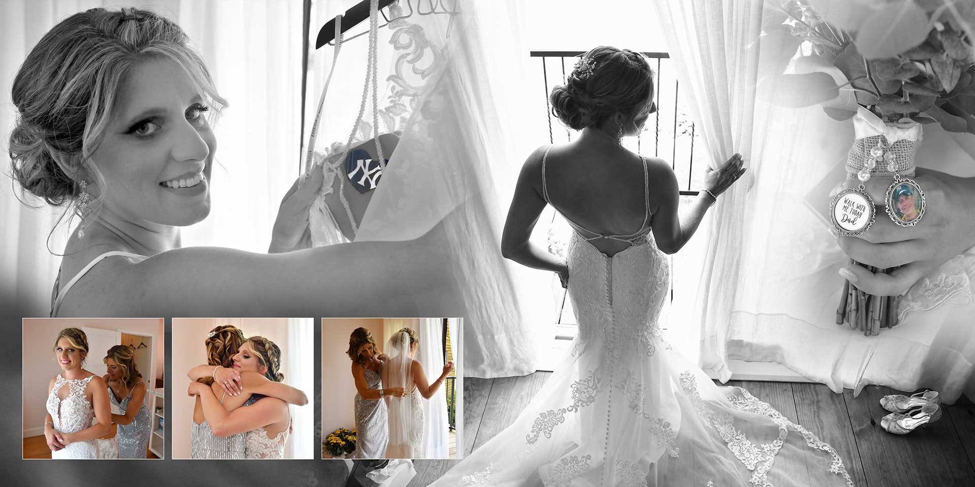 A black and white and color wedding album page of a bride getting ready for her wedding.