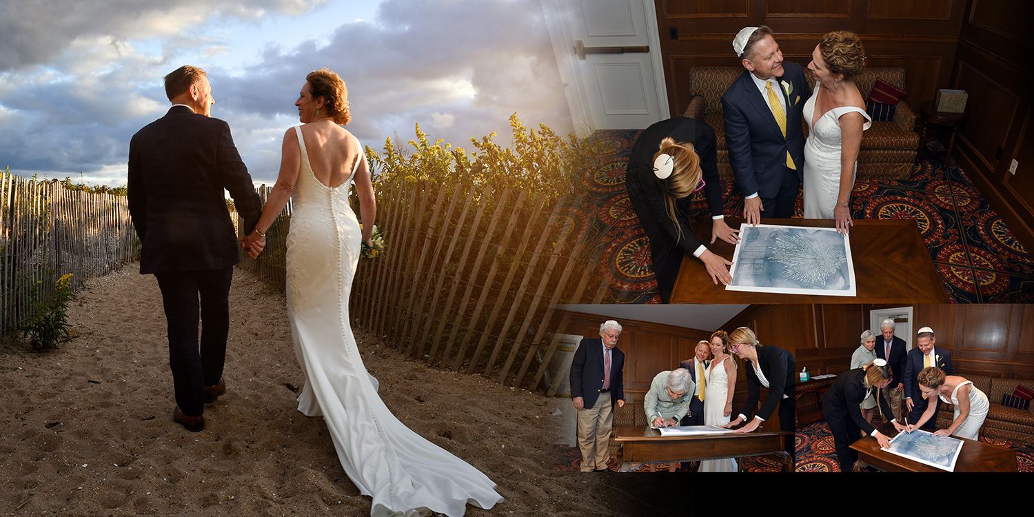 A bride and groom are walking down a path holding hands at Madison Beach Hotel in Madison CT by Rogers Photography