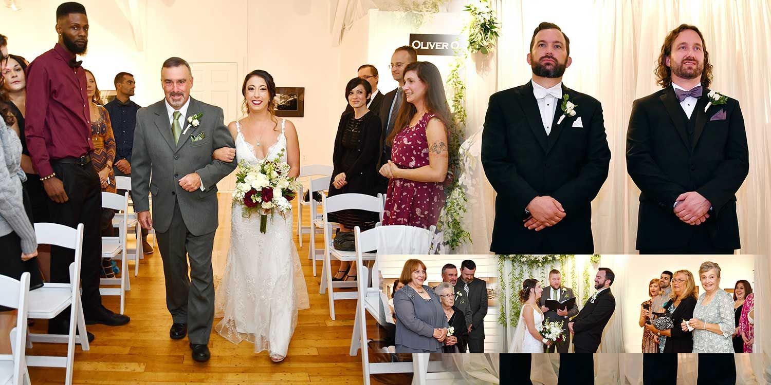 A bride and father are walking down the aisle at their wedding at Essex Steam Train wedding photography by Connecticut Wedding Photographers Rogers Photography.