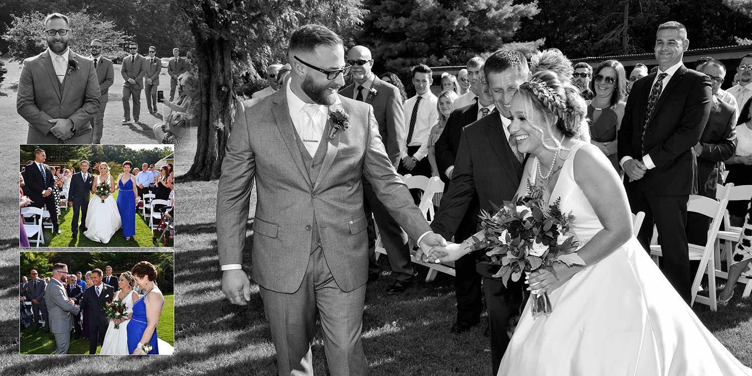 A black and white photo of a bride and groom walking down the aisle at The Lake House wedding photography by Connecticut Wedding Photographers Rogers Photography.