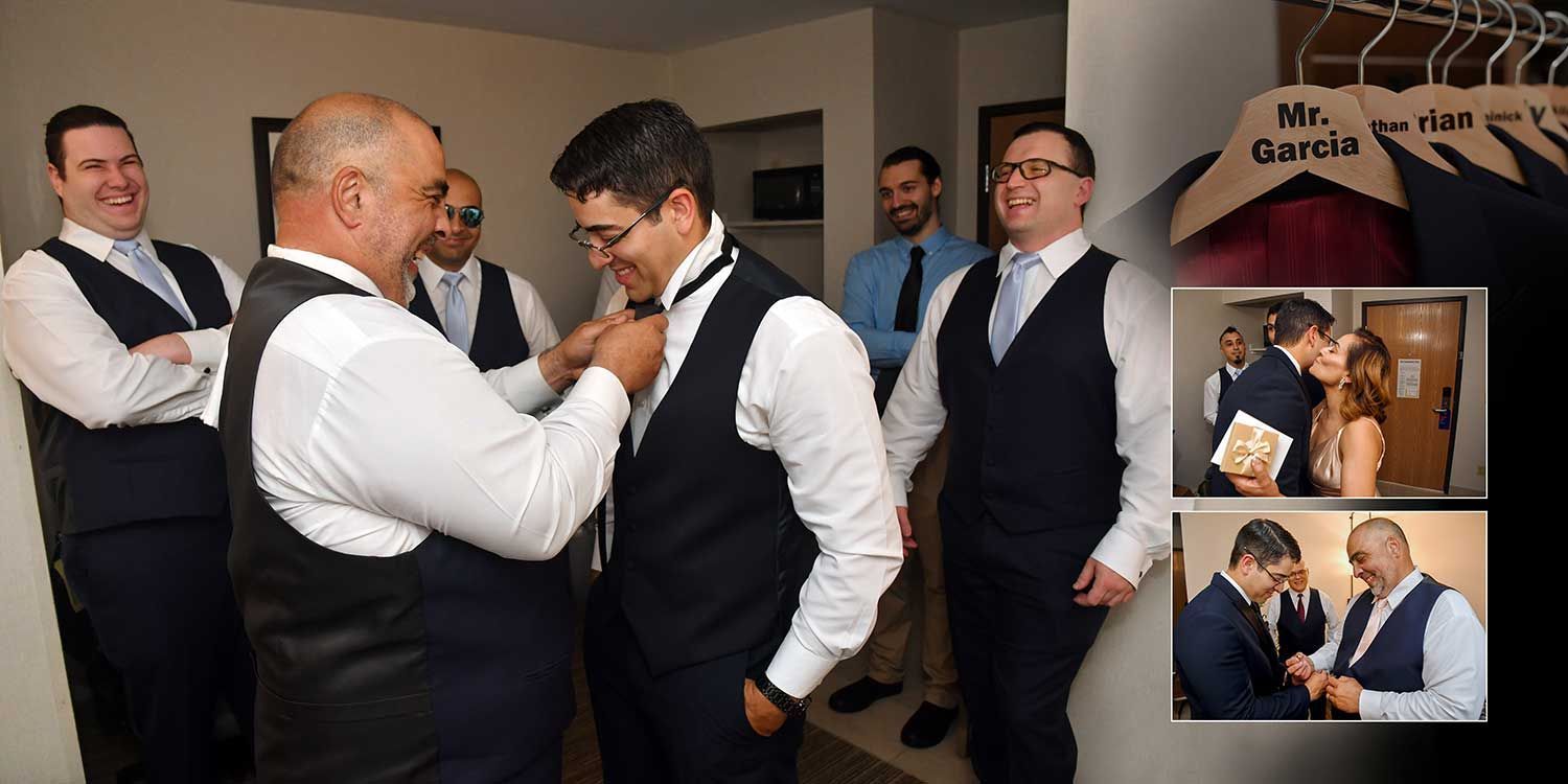 A groom and groomsment getting ready for a wedding at Woodwinds wedding photography by Connecticut Wedding Photographers Rogers Photography.