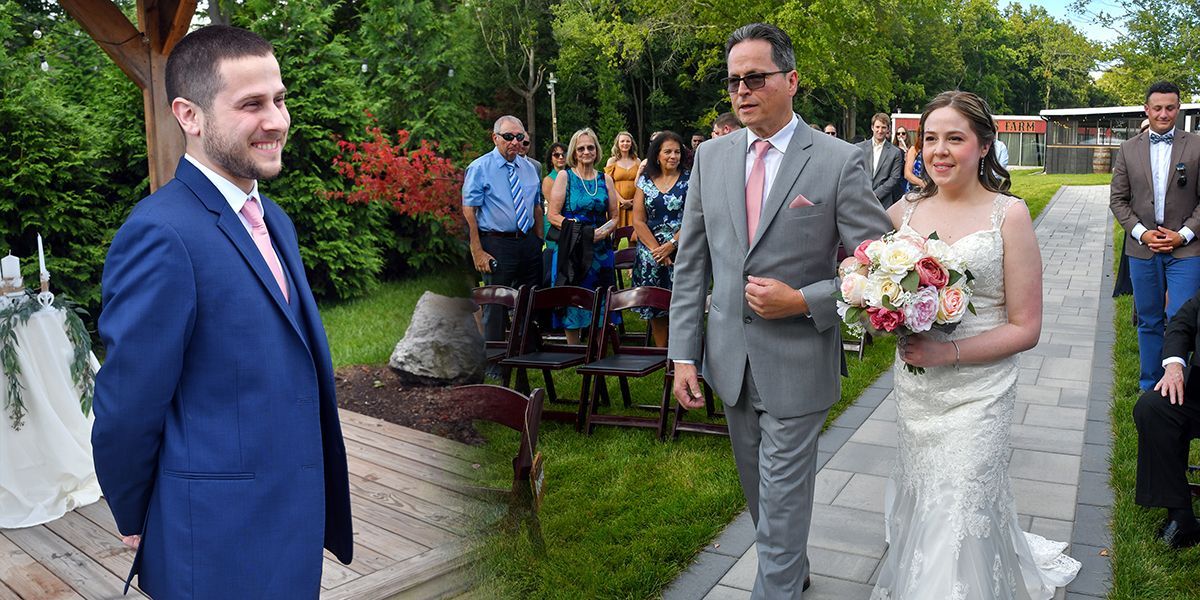 A bride and groom are walking down the aisle at their wedding at Nuzzo's Farm wedding photography by Connecticut Wedding Photographers Rogers Photography.