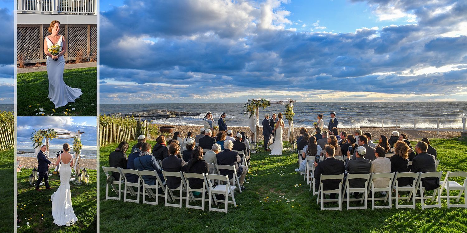 A bride and groom are getting married at Madison Beach Hotel on Long Island Sound wedding photography by Connecticut Photographers Rogers Photography