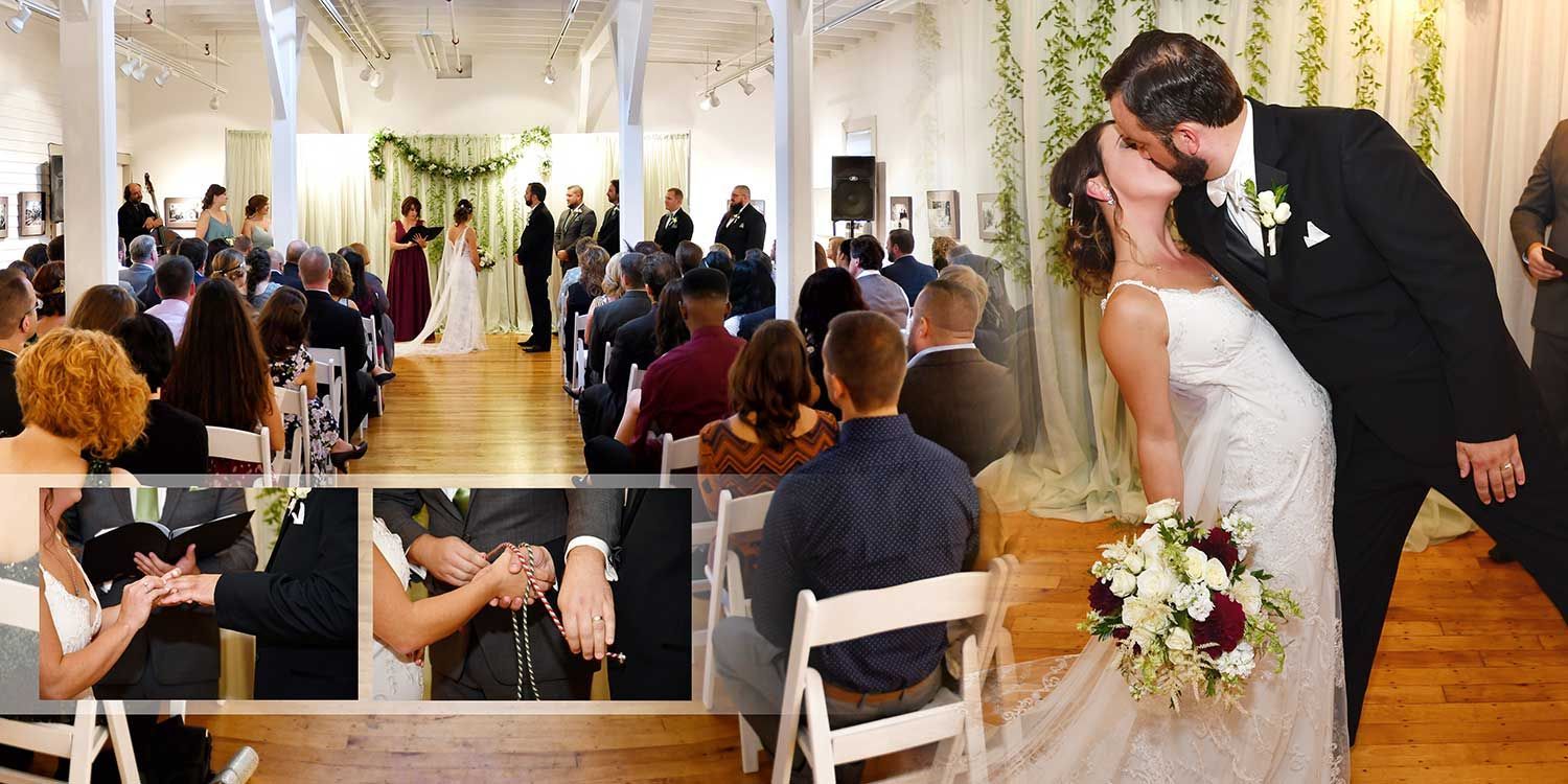 A bride and groom kiss during their wedding ceremony at Essex Steam Train wedding photography by Connecticut Wedding Photographers Rogers Photography.