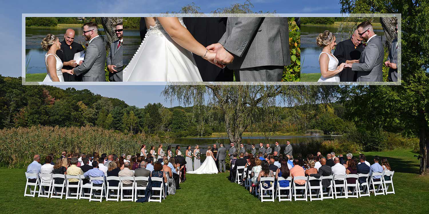 A bride and groom hold hands during their wedding ceremony at The Lake House wedding photography by Connecticut Wedding Photographers Rogers Photography.