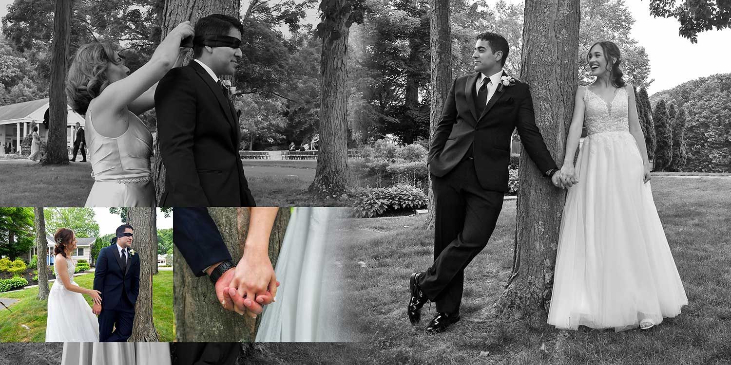 A collage of black and white photos of a bride and groom holding hands at Woodwinds wedding photography by Connecticut Wedding Photographers Rogers Photography.