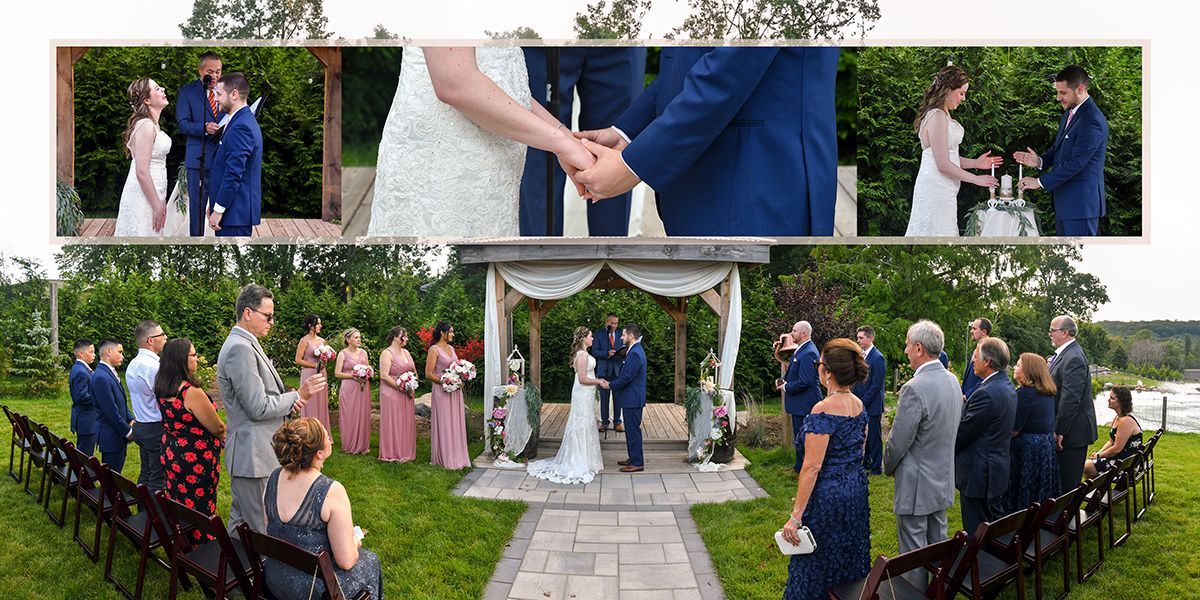 A bride and groom are holding hands during their wedding ceremony at Nuzzo's Farm wedding photography by Connecticut Wedding Photographers Rogers Photography.