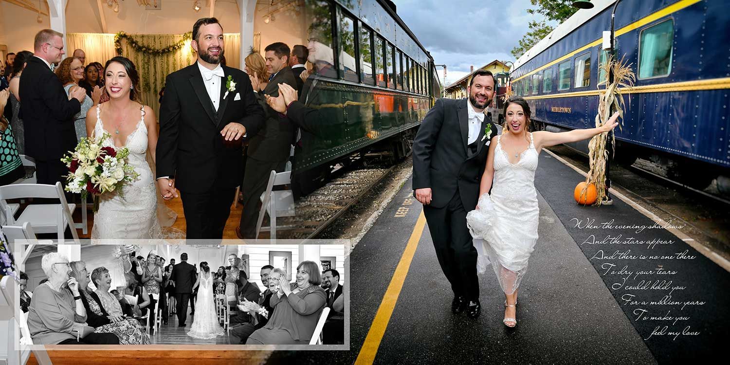 A bride and groom are walking down the aisle next to a train at Essex Steam Train wedding photography by Connecticut Wedding Photographers Rogers Photography.