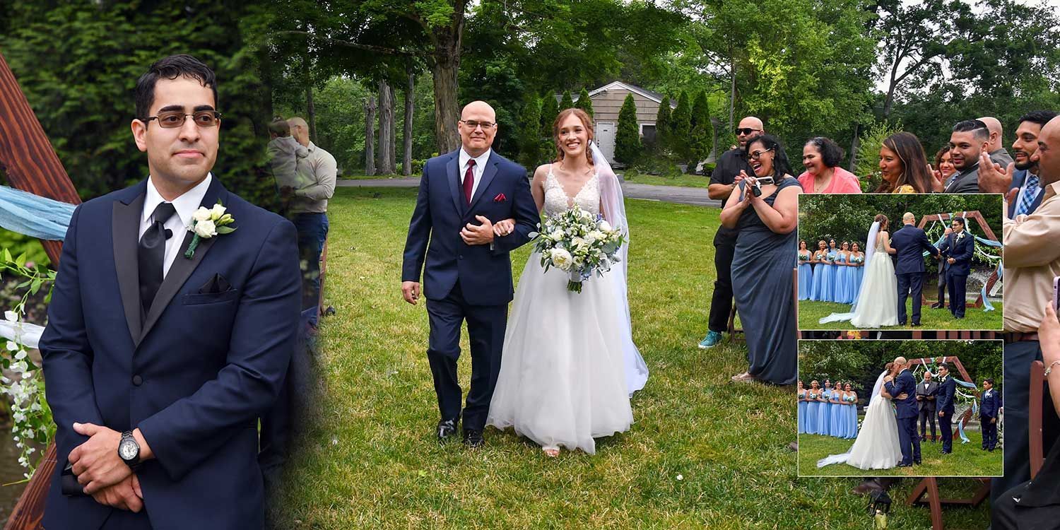 A bride and father are walking down the aisle at their wedding at Woodwinds wedding photography by Connecticut Wedding Photographers Rogers Photography.