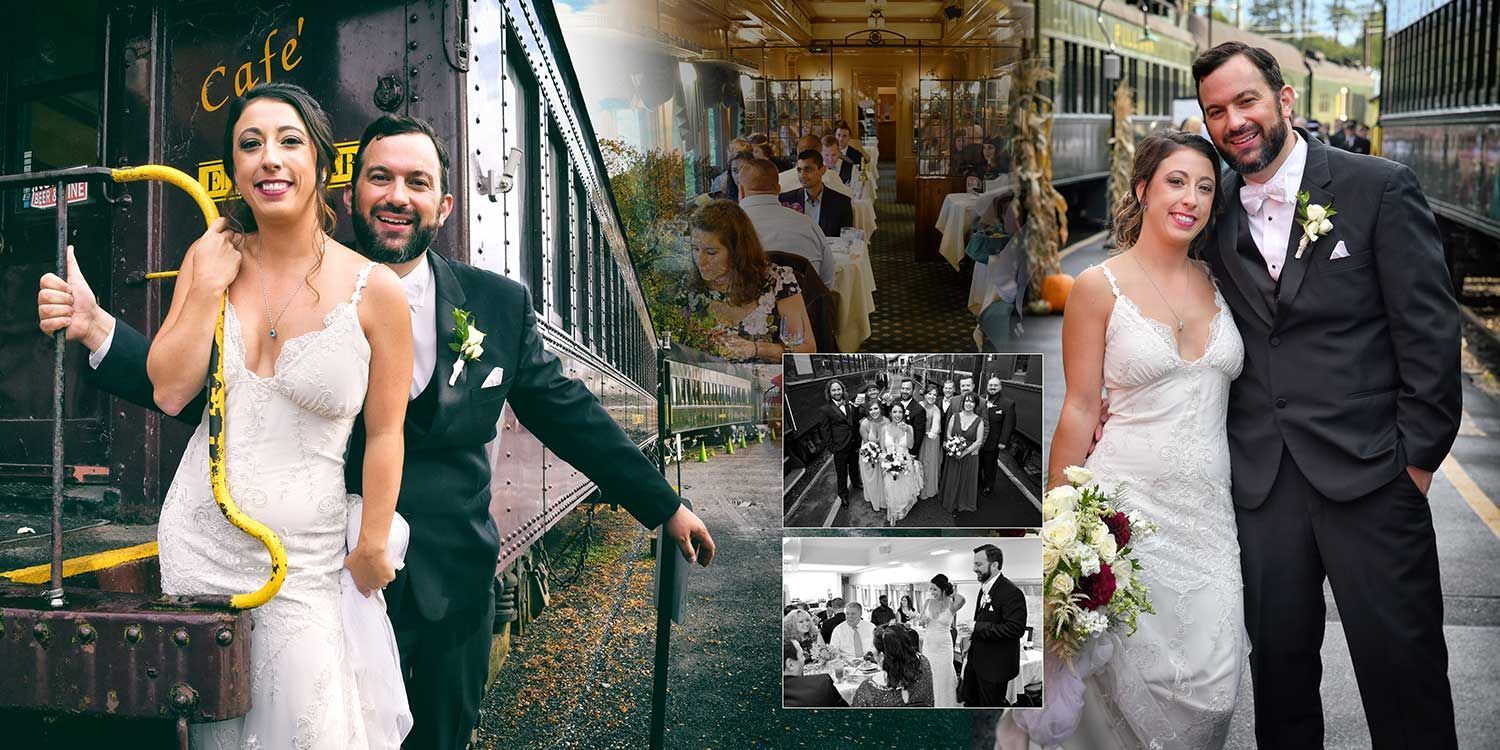 A collage of photos of a bride and groom on their wedding day at Essex Steam Train wedding photography by Connecticut Wedding Photographers Rogers Photography.