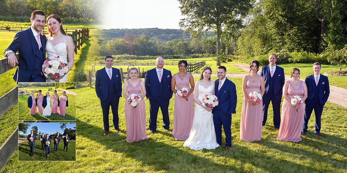 A bride and groom pose with their wedding party at Nuzzo's Farm wedding photography by Connecticut Wedding Photographers Rogers Photography.